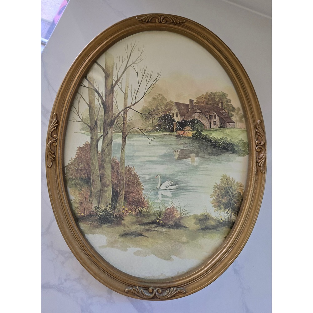 Vintage Homco F Massa Oval Gold Framed Swan Lake Landscape Art Print 17x13 inch